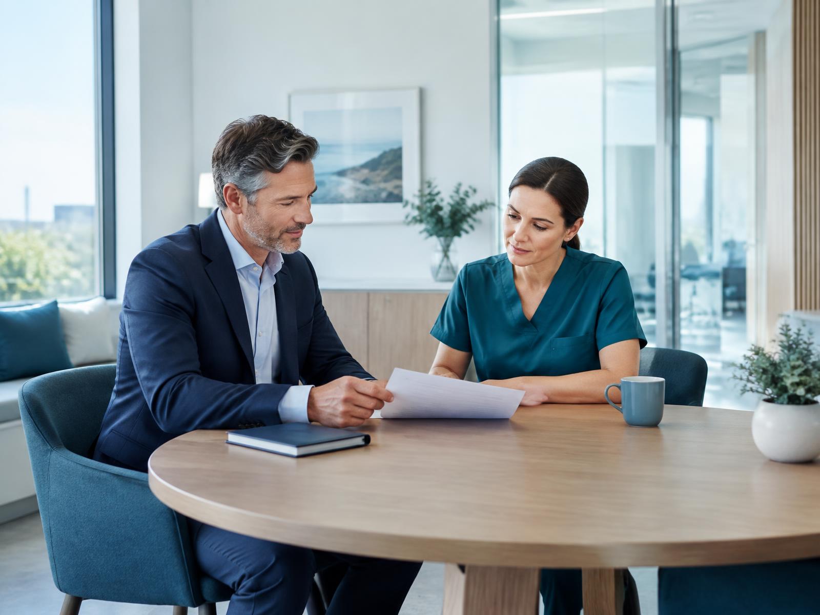 Healthcare business owner and adviser reviewing information in a private meeting