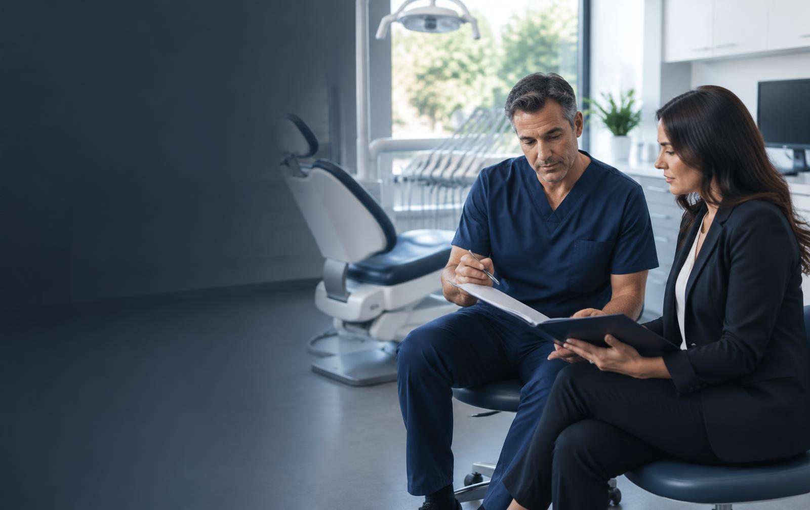 Principal dentist reviewing practice sale preparation with a professional adviser