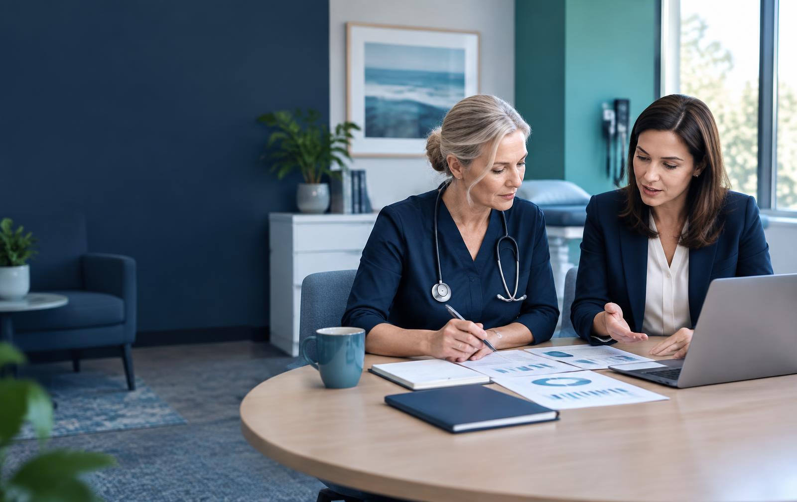 Healthcare business owner reviewing business information with an adviser