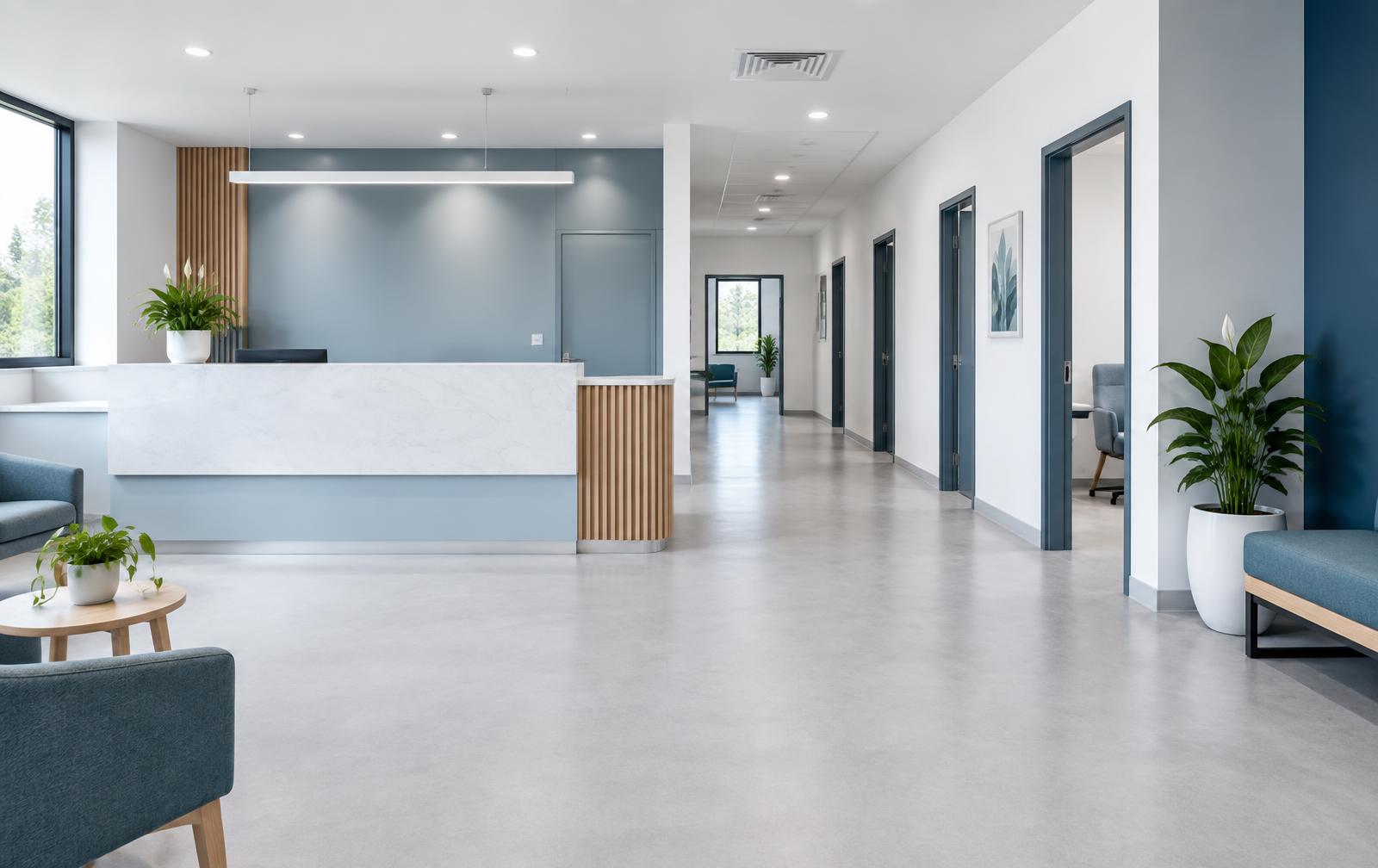 Modern medical centre reception and consulting-room corridor