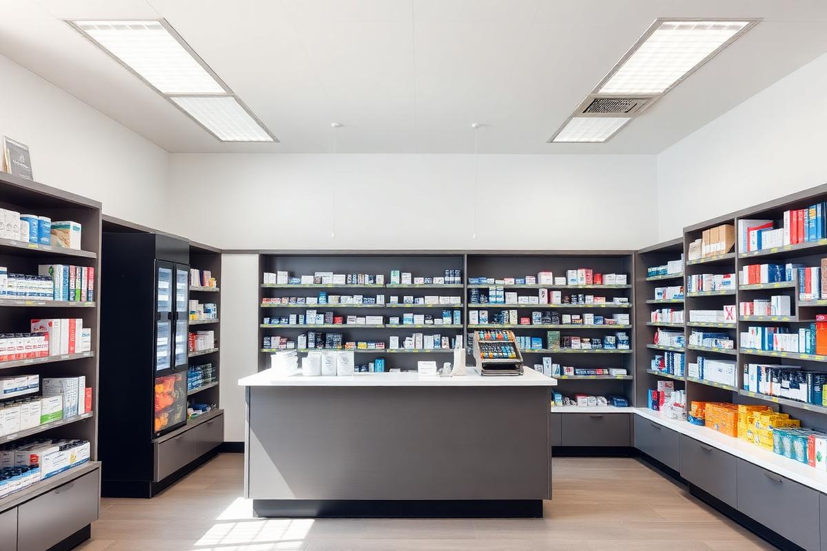 Interior of a modern community pharmacy with dispensary counter