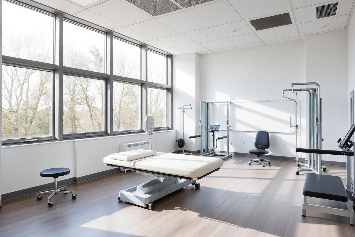 Physiotherapy and rehabilitation studio with treatment bed and equipment