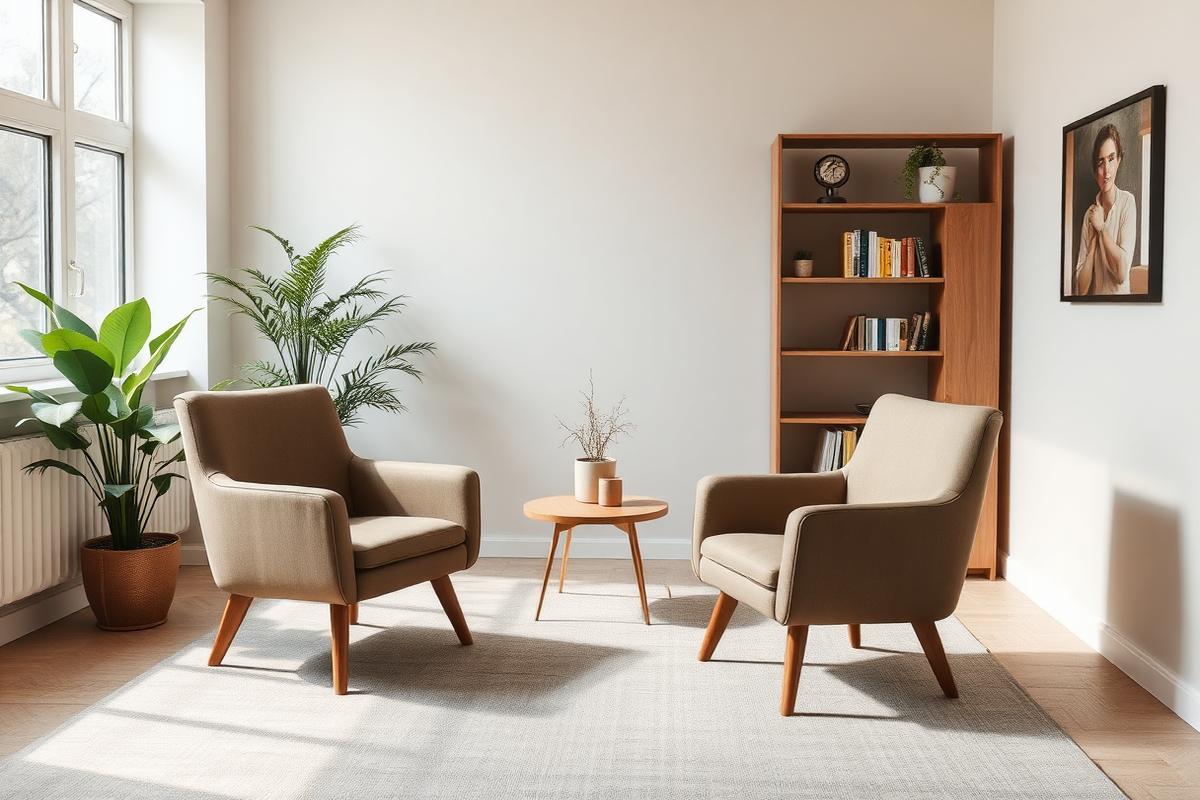 Calm psychology consulting room with two armchairs and natural light